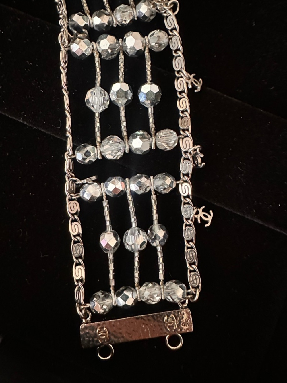 Chanel SILVER CC Charm and Rhinestone Articulating Cuff Bracelet - Picture 6 of 7